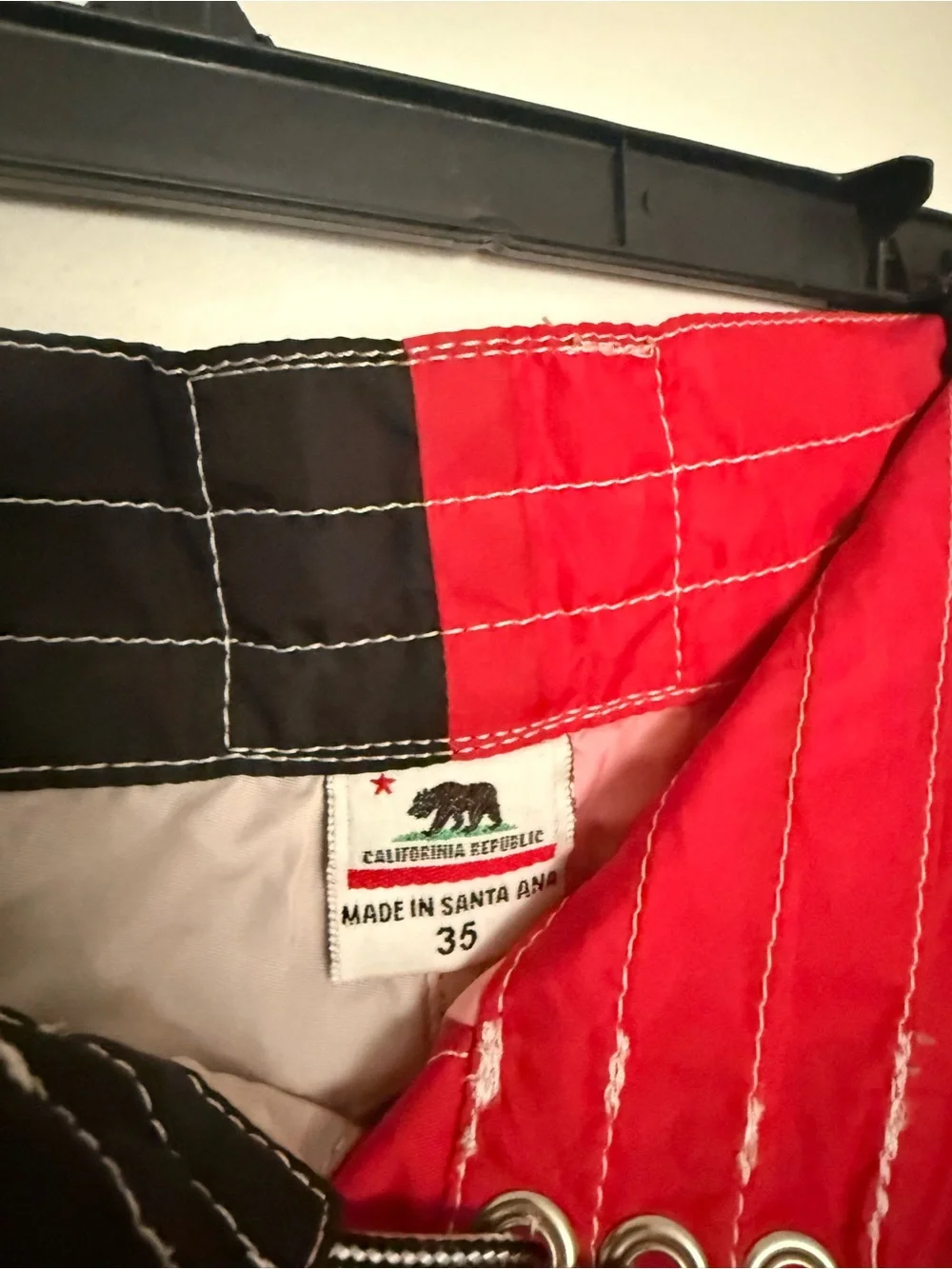 Vintage Birdwell Beach Britches Red Black Board Shorts USA Size 35